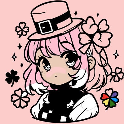 a manga-style girl with clovers around her, a little hat in her hair, like it's saint patrick's day