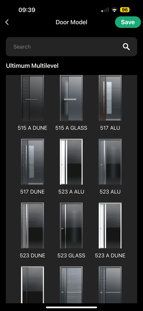 A selection screen in the Pirnar app displaying various luxury entrance door models under the Ultimum Multilevel category.
