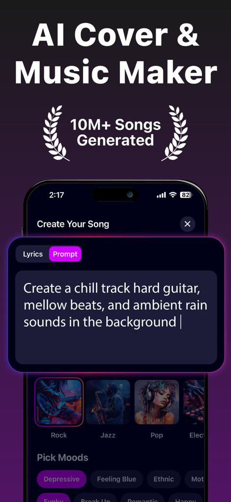 Banger app screen showing AI music generation prompt for a chill track with rock jazz and pop genre options