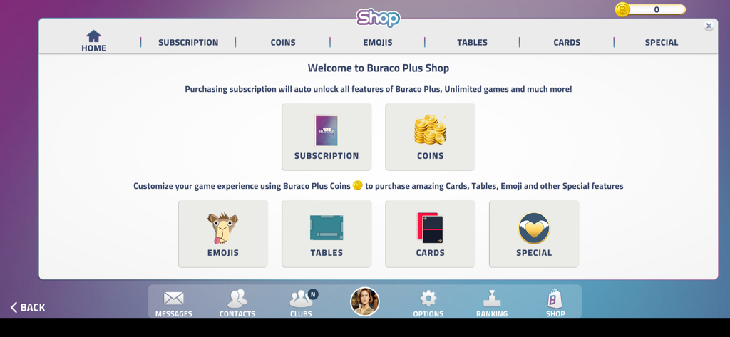 Buraco Plus - In-game shop screen of Buraco Plus showing options for subscriptions coins emojis and card customization.