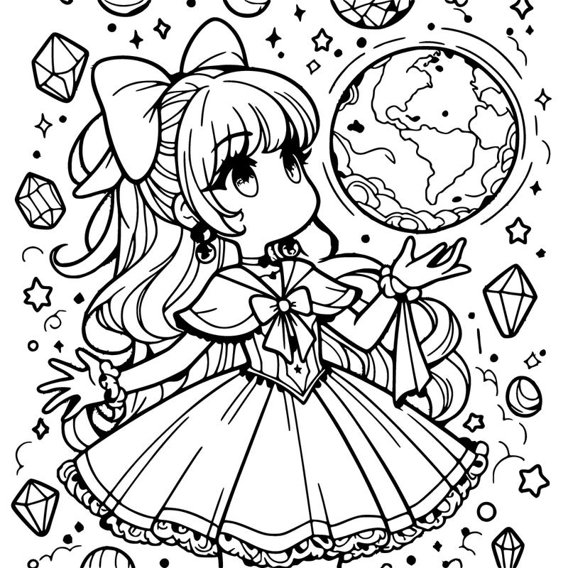 magical girl with floating orb in hand  crystals everywhere.
