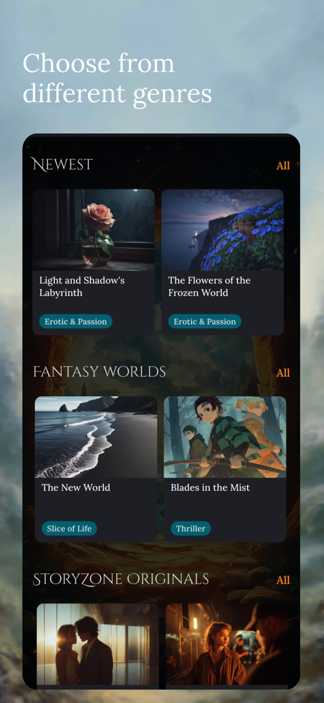 StoryZone app interface displaying a wide range of interactive story genres and fantasy worlds.