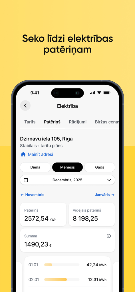 Mans Tet app interface showing electricity consumption statistics and monthly costs for a property in Riga