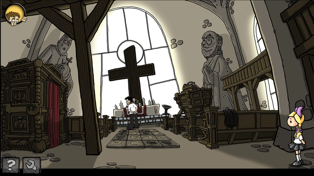 Lily debout dans une chapelle d'église dessinée à la main avec une grande croix en bois dans Harvey's New Eyes