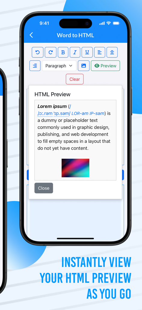 Word to HTML Converter - Real-time HTML preview window within the Word to HTML Converter app on an iPhone