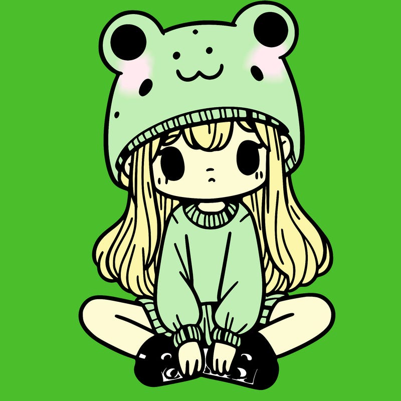 a girl wearing a frog hat and some frog socks