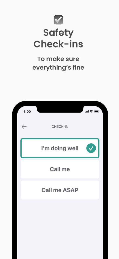 Dooinwell – Daily Check-in - Dooinwell app interface for seniors showing daily check-in options like I am doing well and call requests.