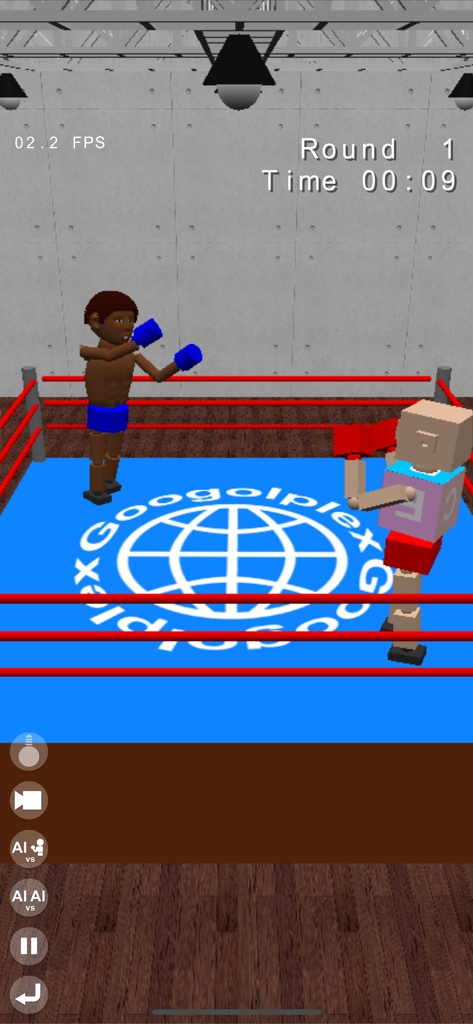 A 3D boxing match between two blocky toy characters in a blue ring