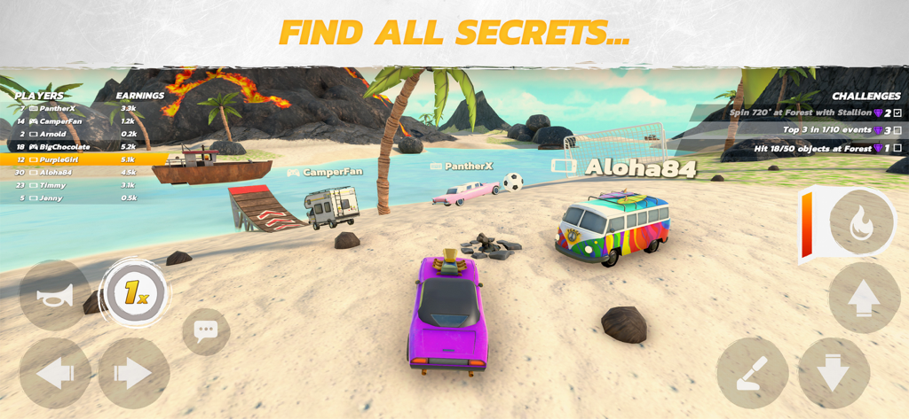Crash Drive 3 - Múltiples vehículos personalizados explorando una playa tropical con un volcán en Crash Drive 3