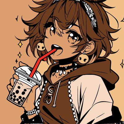 hot baddie anime girl drinking boba and biting the straw