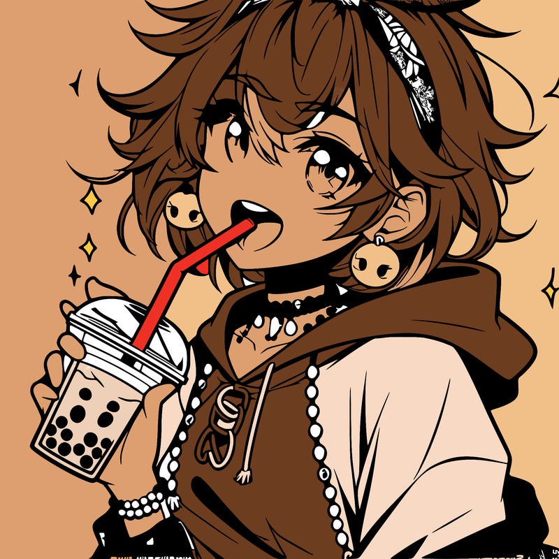 hot baddie anime girl drinking boba and biting the straw