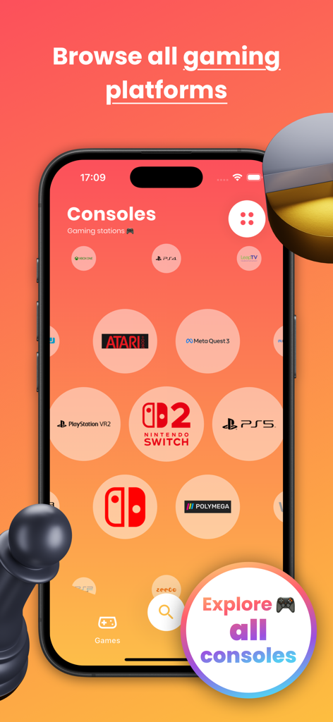 Radion - Video Games - Une interface d'application mobile affichant une liste de consoles de jeux vidéo, y compris PS5, Nintendo Switch et Meta Quest 3