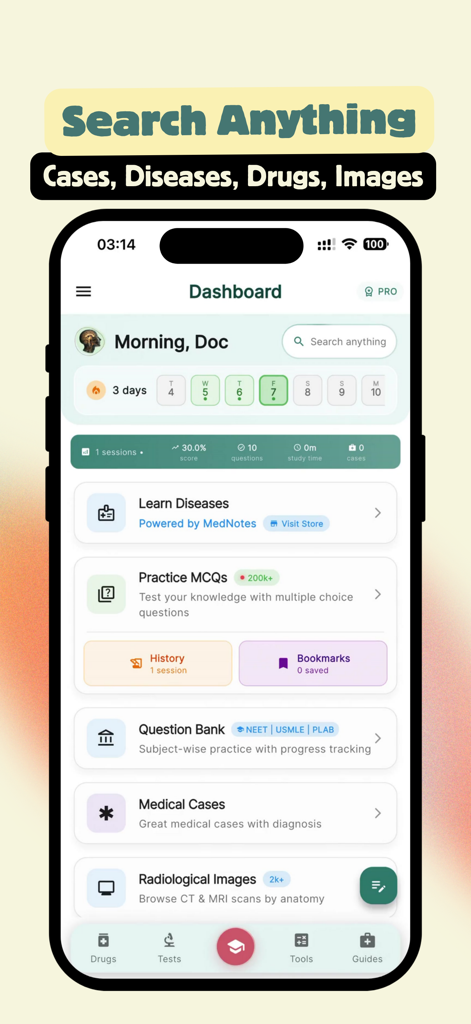 MedDose Pro - MCQs & Diseases - Screenshot of the MedDose Pro app dashboard displaying various medical study and clinical reference tools