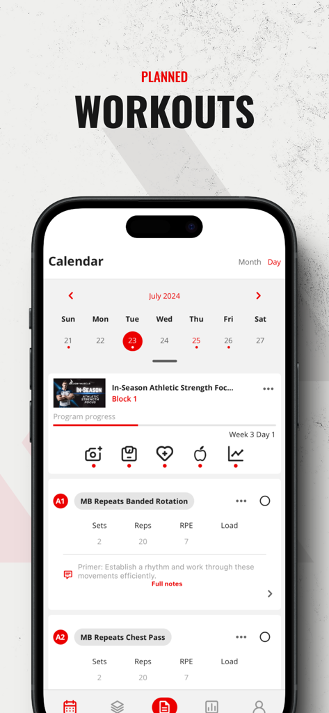 Rugby Muscle Training App - Rugby Muscle Training App planned workouts screen showing calendar and exercise tracking