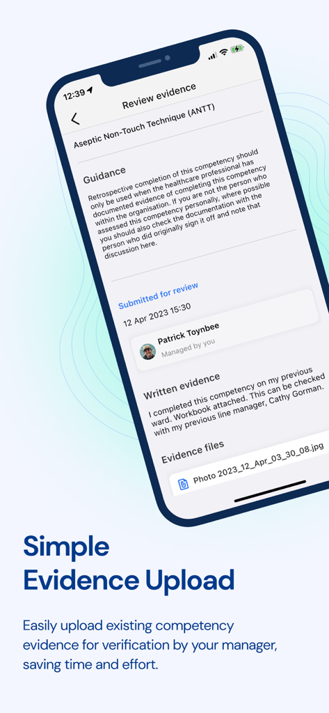 Compassly app interface for reviewing and uploading clinical competency evidence.