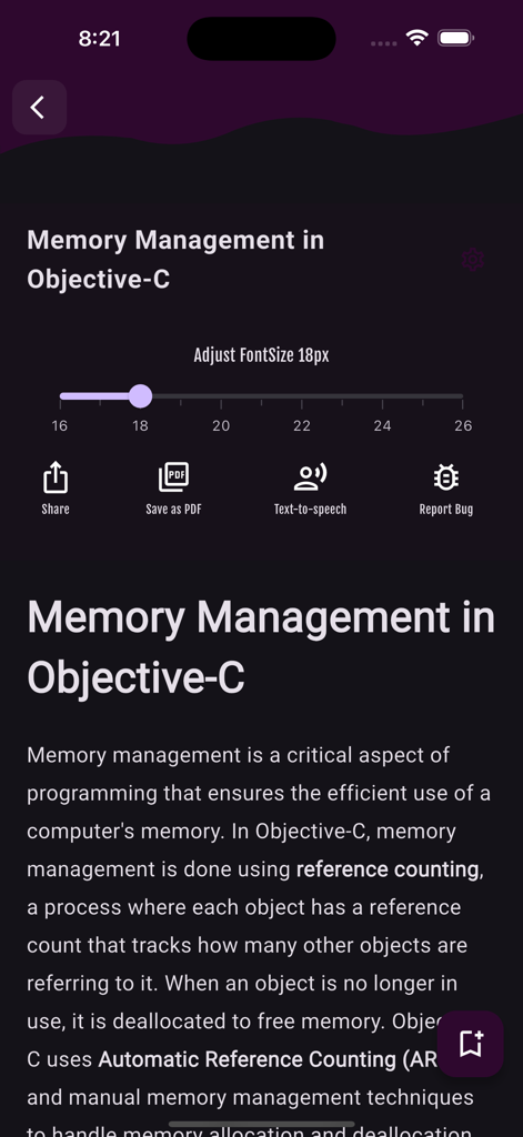 Learn Objective C Programming - Learn Objective C App-Bildschirm, der eine Lektion über Speicherverwaltung mit Dienstfunktionen wie Text-to-Speech und Speichern als PDF anzeigt
