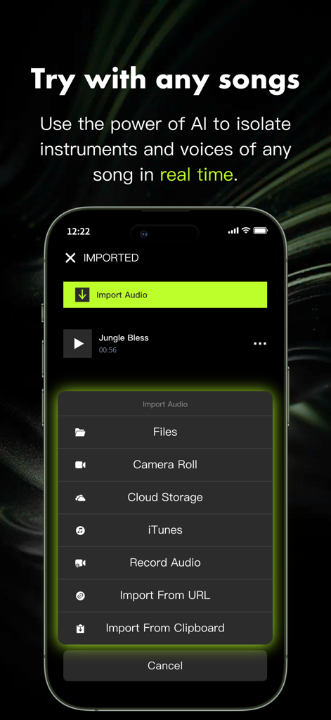 Stemify app screen showing a menu of audio import options including Files, Camera Roll, Cloud Storage, and iTunes.