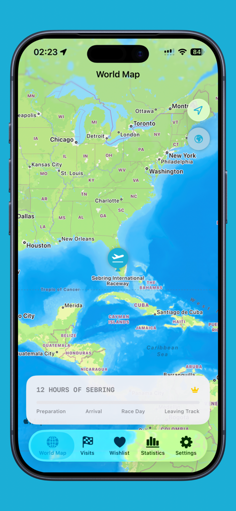 Tracka - Motorsport Visit Log - Tracka app interface showing a world map with a pin for Sebring International Raceway and a progress timeline for the 12 Hours of Sebring event
