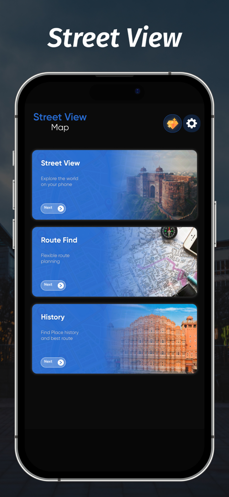Street View Map Watch 3D View - Main interface of the Street View Map app showing navigation options for street view and route finding