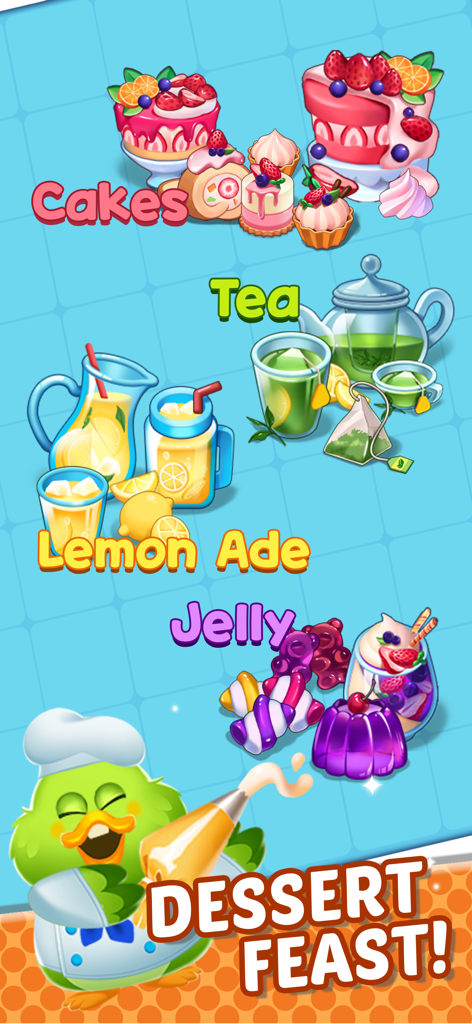 Una colección de coloridas categorías de postres que incluyen pasteles, té y gelatina en el juego móvil Merge Cookie Island