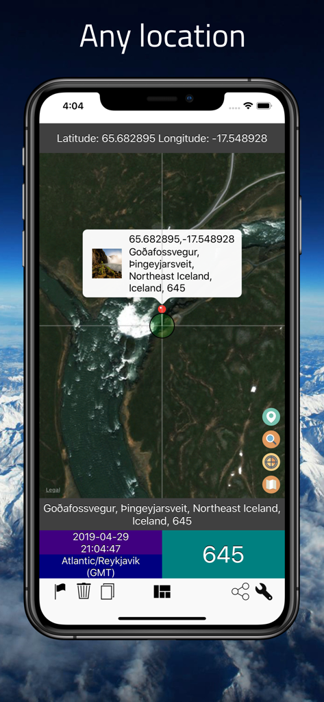 AddressFinder - Zipcode Lookup - Smartphone screenshot of the AddressFinder app showing satellite map view with detailed location coordinates and zip code