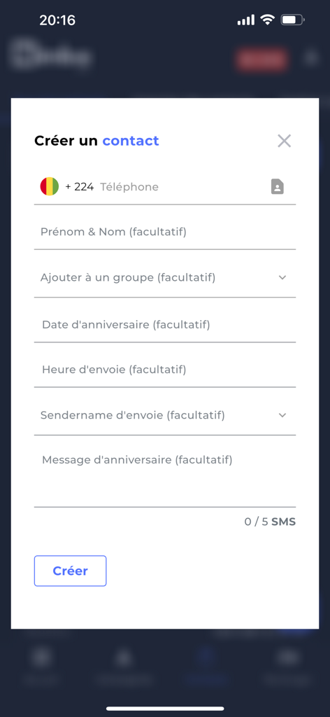 Nimba SMS - Interface of Nimba SMS app for creating a new contact including fields for name phone number and birthday automation