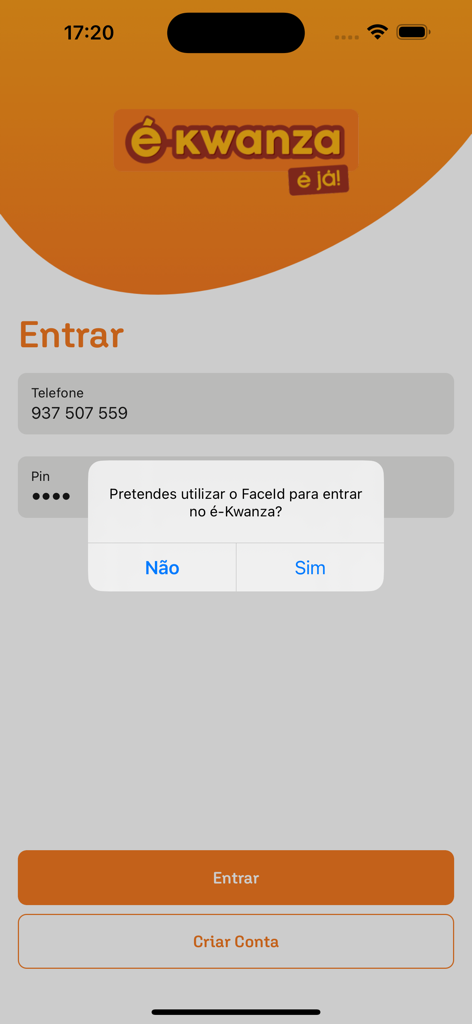 Ecrã de login da aplicação ekwanza com um pedido de autenticação FaceID.
