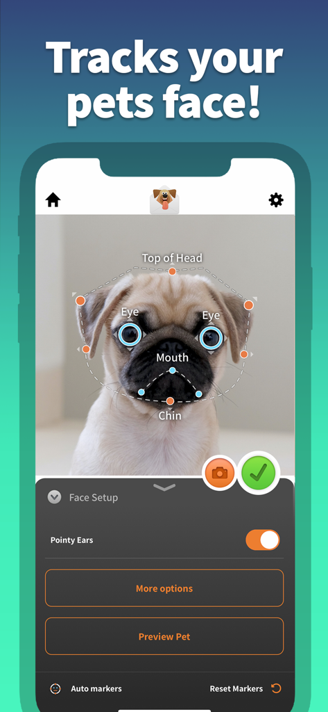 Pet Animator - Send eCards - Interface of the Pet Animator app showing automatic face tracking markers on a pug puppy for 3D animation.