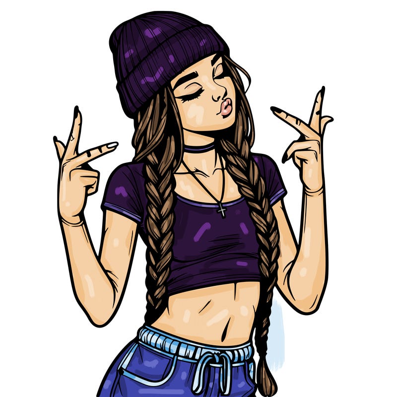realistic teenage girl with braids and a beanie and crop top doing 🫶🏼