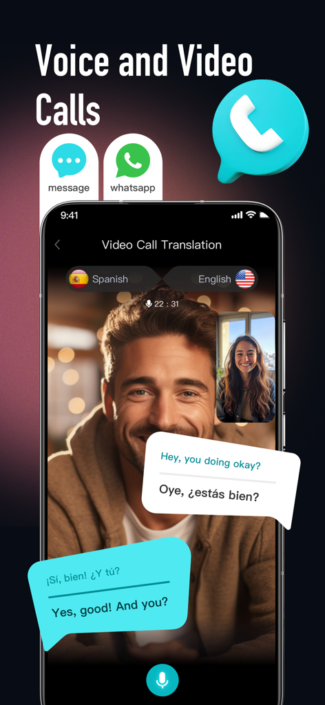 Interfaz de la aplicación BitDynamic que muestra traducción de videollamada en tiempo real entre hablantes de inglés y español
