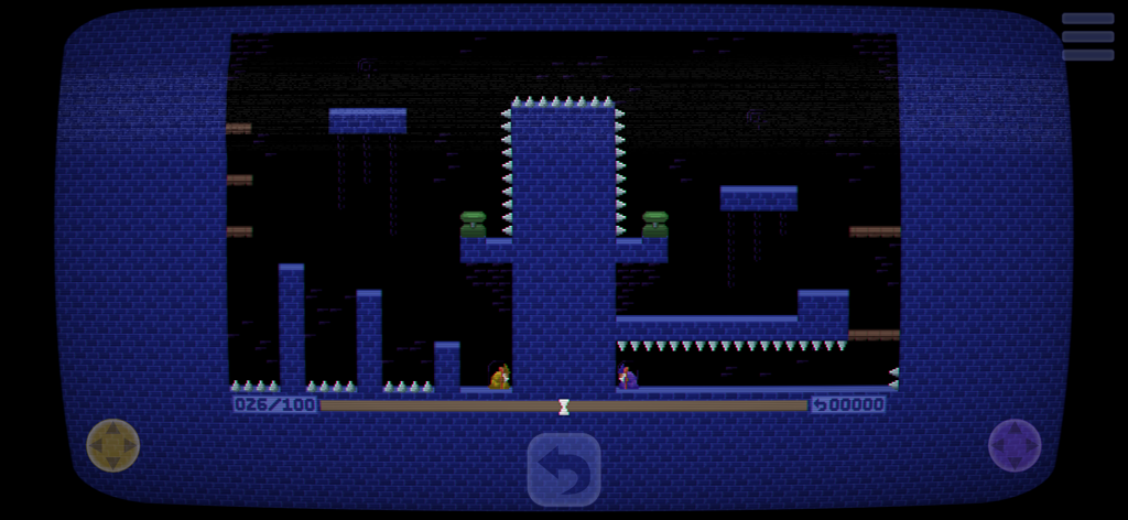 Ambidextro - Jugabilidad de Ambidextro con dos personajes en una mazmorra de ladrillos azules con pinchos y gráficos retro