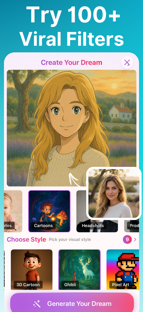 Interfaz de un editor de fotos IA que muestra el retrato de una mujer transformado en una ilustración estilo anime con varias opciones de filtros creativos.