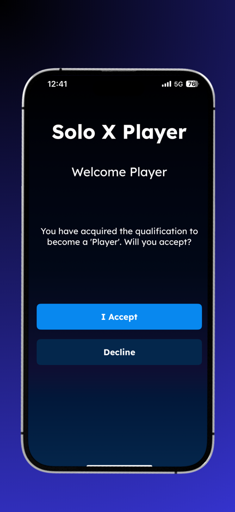 Solo X Player Leveling Workout - Tela de boas-vindas do aplicativo de treino de nivelamento Solo X Player pedindo ao usuário para aceitar se tornar um jogador