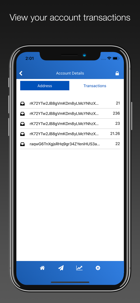 Interface of the XRP Wallet app displaying account addresses and transaction history