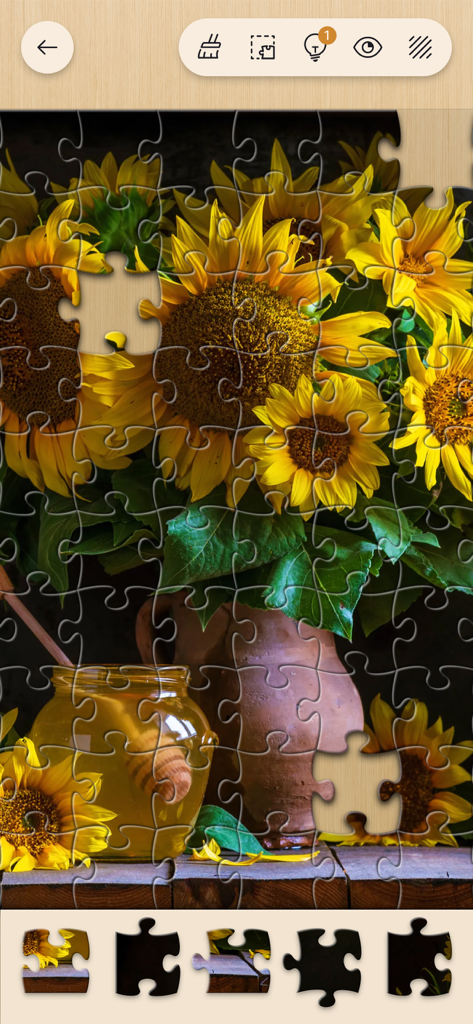 Jigsawscapes® - Jigsaw Puzzles - Un puzzle a incastro di girasoli e miele in fase di risoluzione nell'app Jigsawscapes