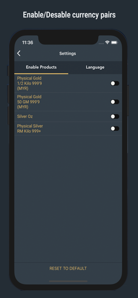 Settings screen in the MKS MY app for enabling or disabling physical gold and silver products tracking