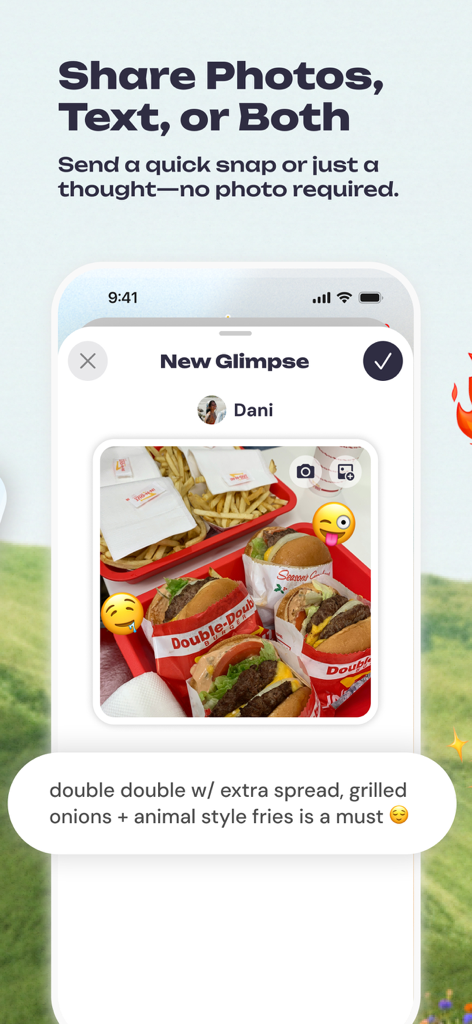 Glimpse: BFF & Couples Widget - Schermata dell'app Glimpse che mostra una foto condivisa di hamburger e patatine con una didascalia di testo personalizzata per un widget della schermata Home