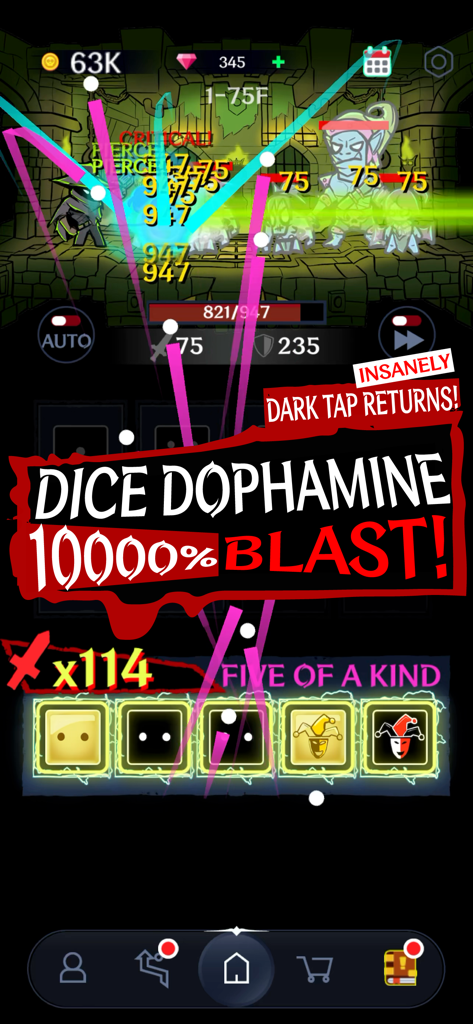 Dark Tap Dice - Captura de pantalla del juego Dark Tap Dice mostrando una mano de póker de cinco iguales y altos multiplicadores de daño en un entorno de RPG de fantasía oscura.