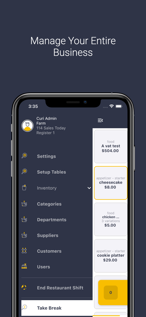 iPhone screen showing CURI POS mobile app menu with management options and a sidebar of food items like cheesecake and cookie platter