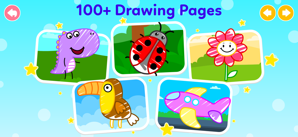 A collection of colorful drawing pages for kids featuring a dinosaur ladybug flower toucan and airplane