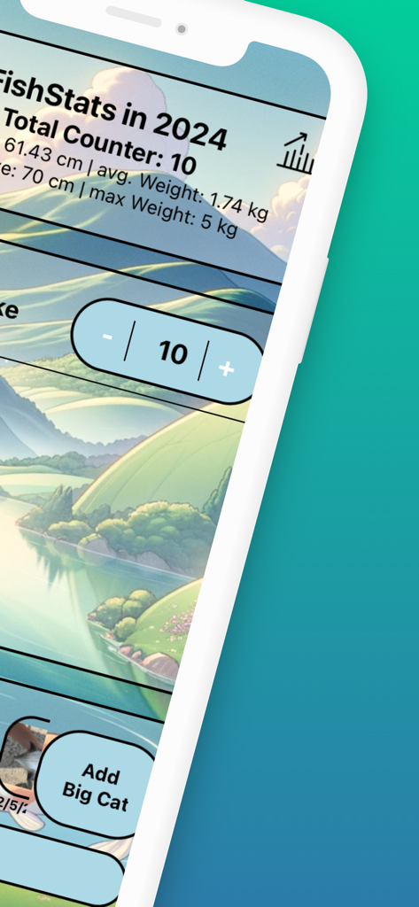FishTracker: Your Fishing Log - FishTracker app showing 2024 fishing statistics including total catch count, average weight, and max weight on a scenic background.