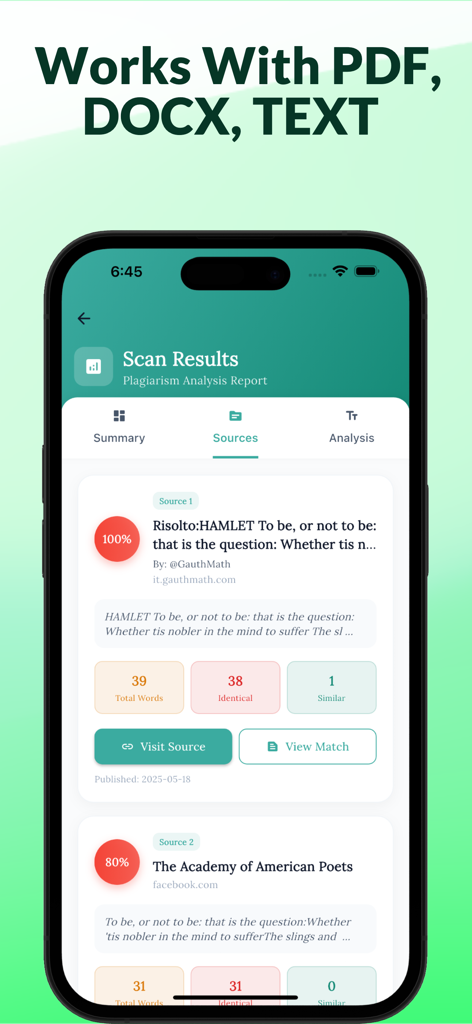 Plagia AI app screen showing plagiarism scan results with source links and originality percentages.