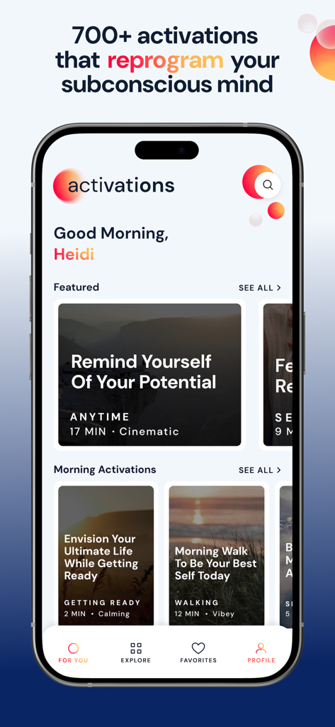 Activations: Daily Motivation - Mobile app interface for Activations showing personalized morning motivational audio sessions for subconscious reprogramming