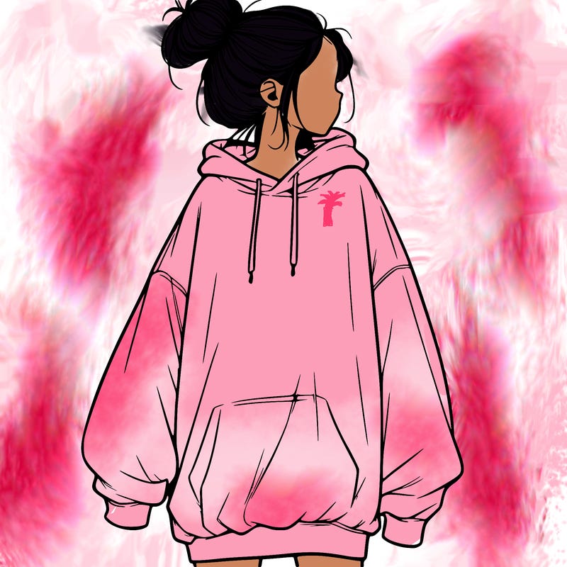 realistic girl with a oversized sweatshirt on and a bun