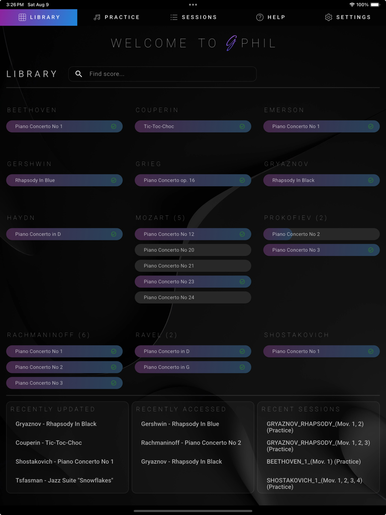 GPhil - The GPhil app library screen displaying a curated list of classical orchestral scores and piano concertos organized by composer.