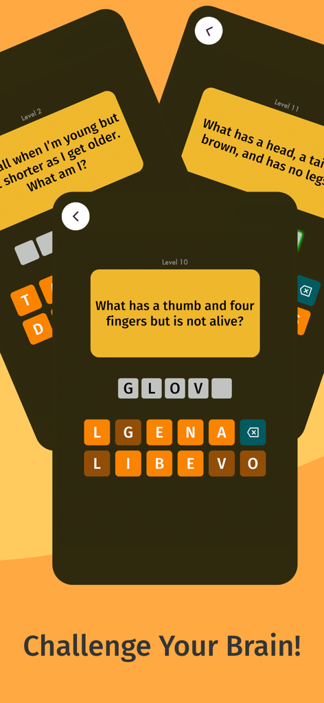 Just Riddles Puzzles - Mobile app interface of Just Riddles Puzzles showing word riddles and letter selection tiles on an orange background