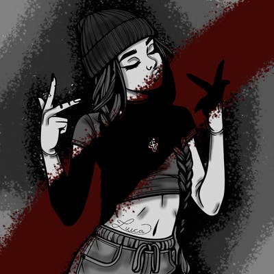 realistic teenage girl with braids and a beanie and crop top doing 🫶🏼