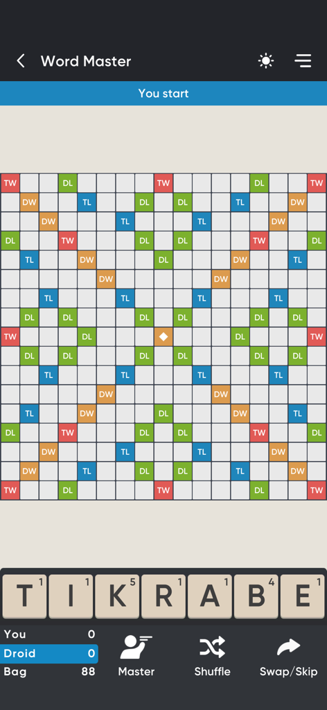 A digital crossword board game interface showing a classic tile grid and a player letter rack with the word master logo