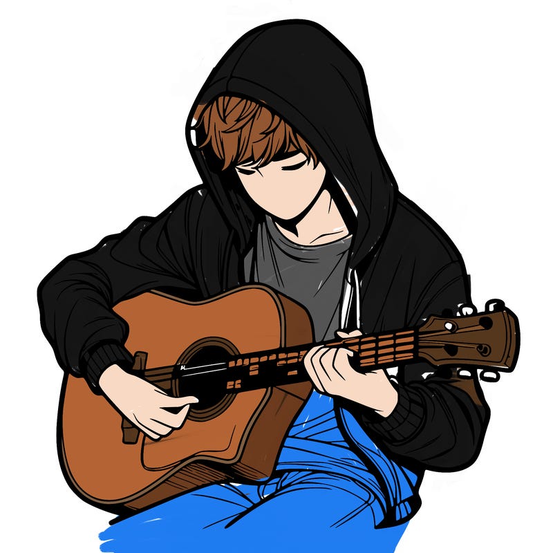 realistic boy in hoodie playing guitar