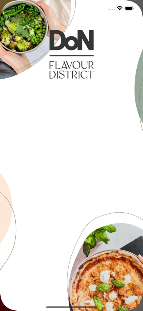 Flavour District - Ecrã de apresentação da aplicação móvel Flavour District mostrando uma taça de salada saudável e uma pizza fresca